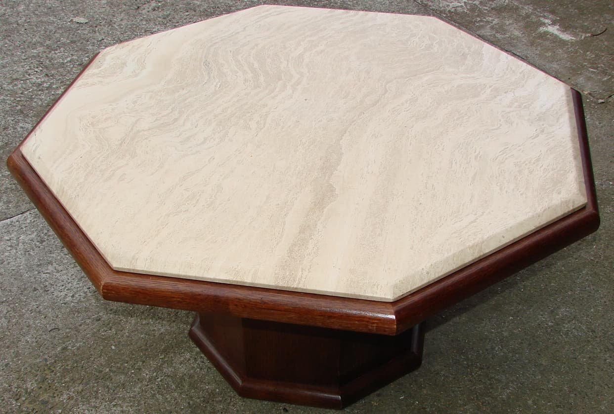 Coffee Table Modernist, beige travertine, brown oak veneer, 1970s - 178540