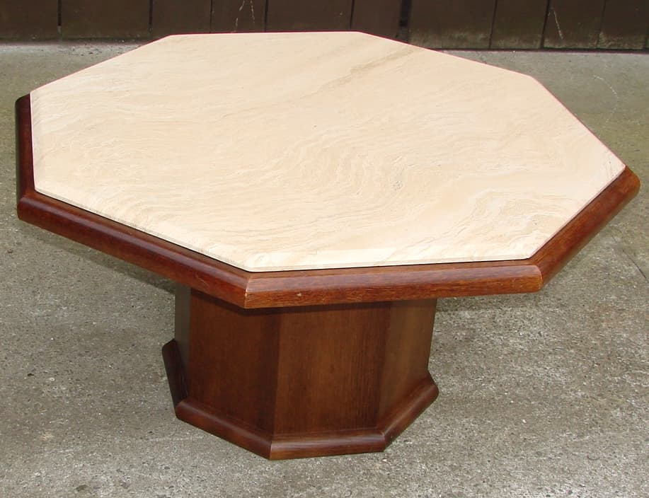Coffee Table Modernist, beige travertine, brown oak veneer, 1970s - 178534
