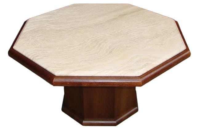 Coffee Table Modernist, beige travertine, brown oak veneer, 1970s - DIMENSION