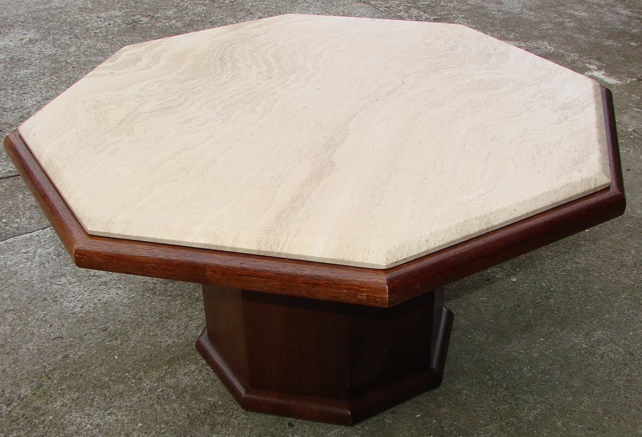 Coffee Table Modernist, beige travertine, brown oak veneer, 1970s - 178539