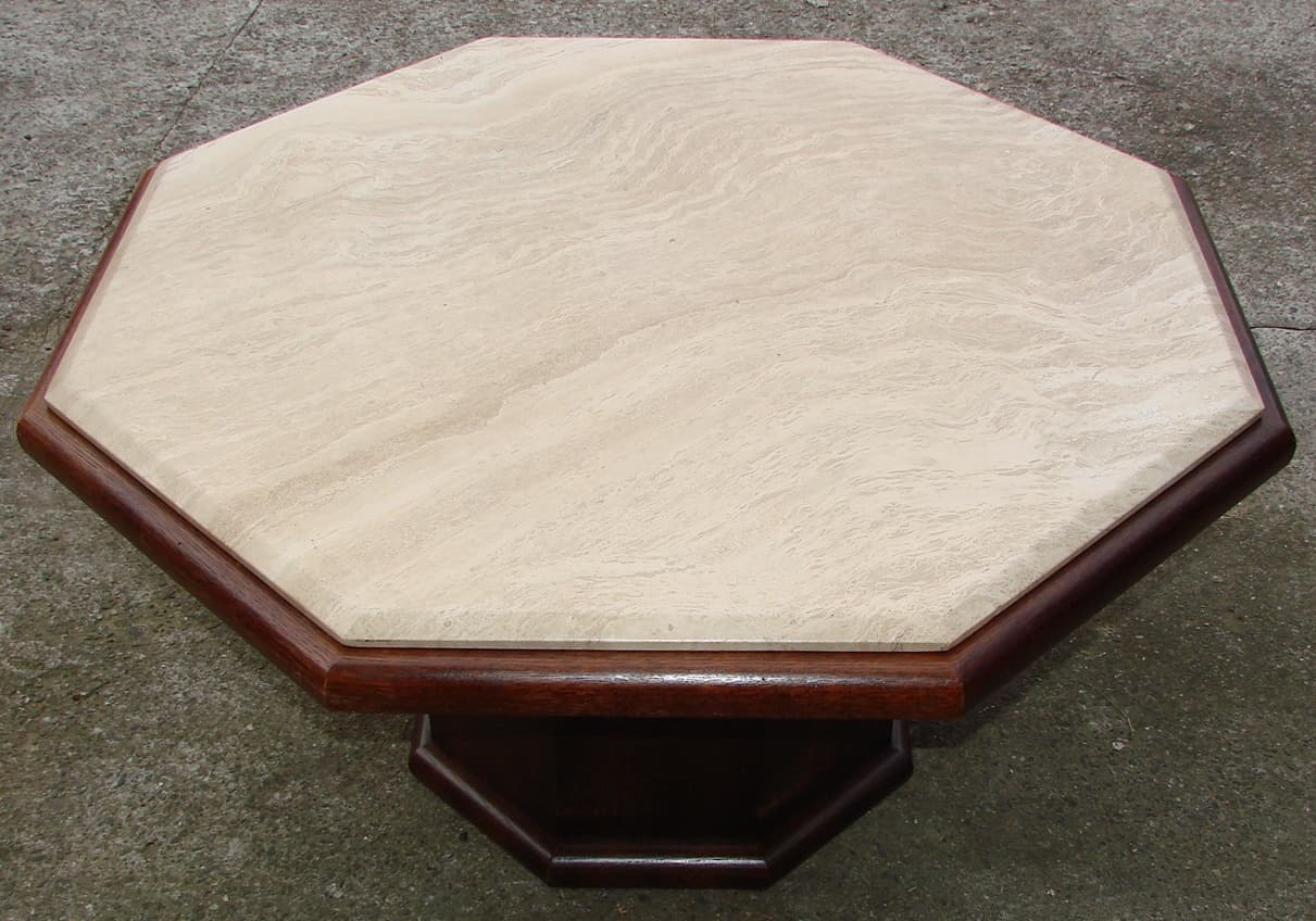 Coffee Table Modernist, beige travertine, brown oak veneer, 1970s - 178538