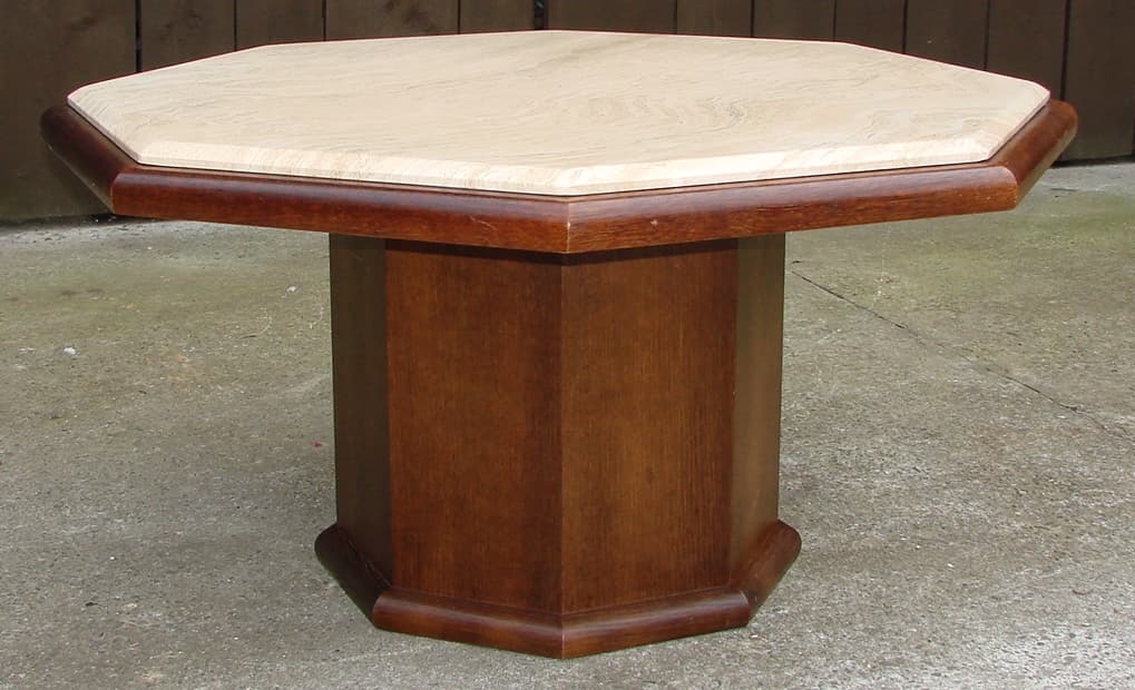 Coffee Table Modernist, beige travertine, brown oak veneer, 1970s - 178536