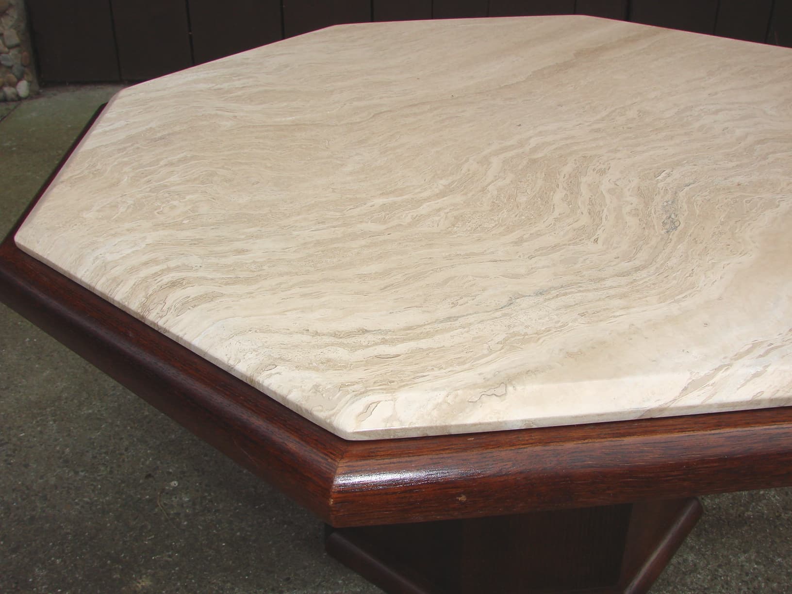 Coffee Table Modernist, beige travertine, brown oak veneer, 1970s - 178542