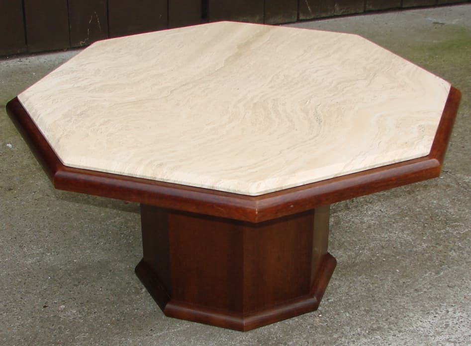 Coffee Table Modernist, beige travertine, brown oak veneer, 1970s - 178535