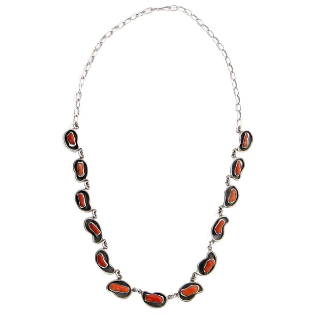 Modernist Necklace, Silver, Red Coral, Poland, 1960s. - DIMENSION