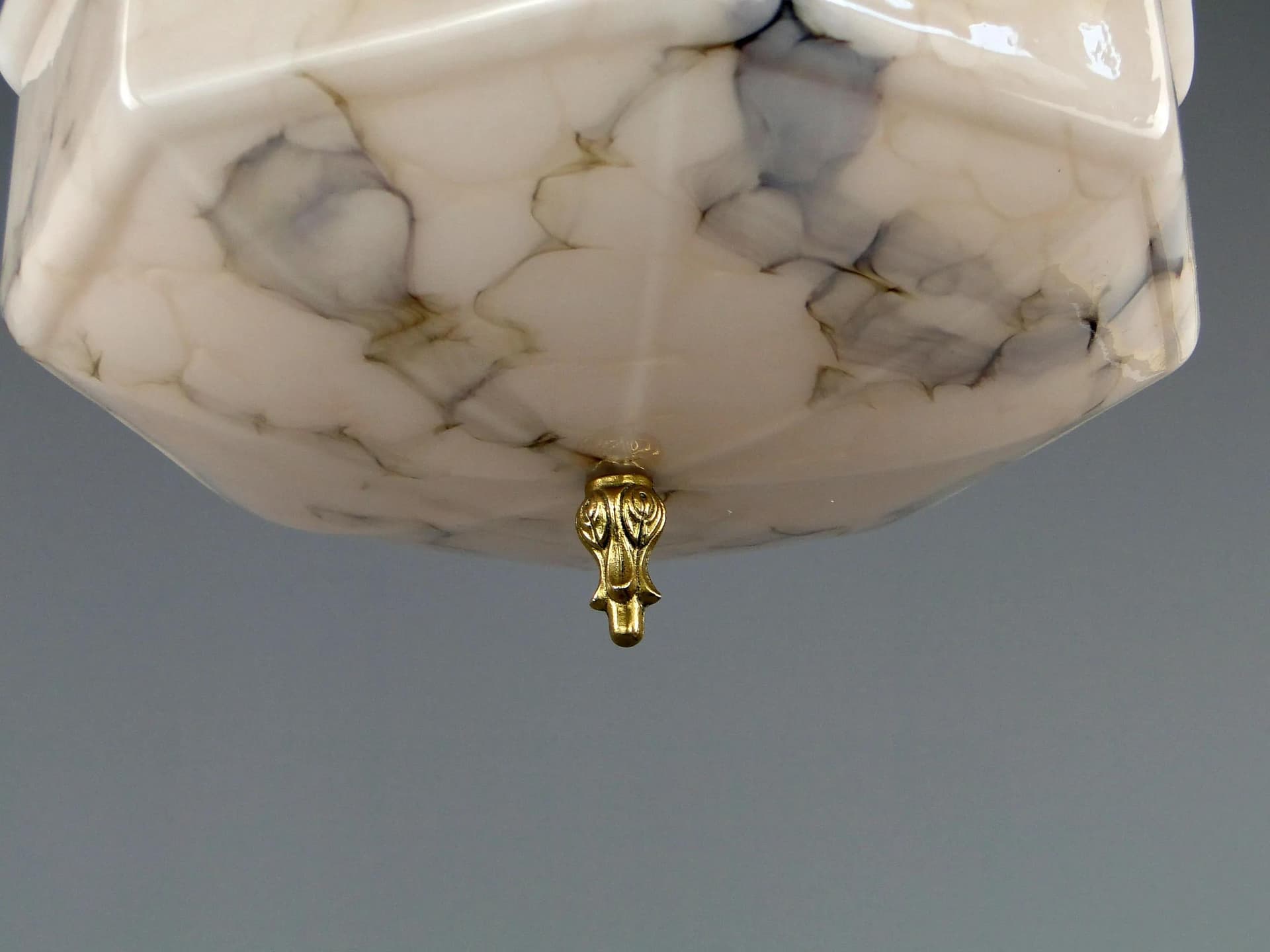 Pendant Lamp Art Deco, beige glass, brass, Poland, 1920s - 12533