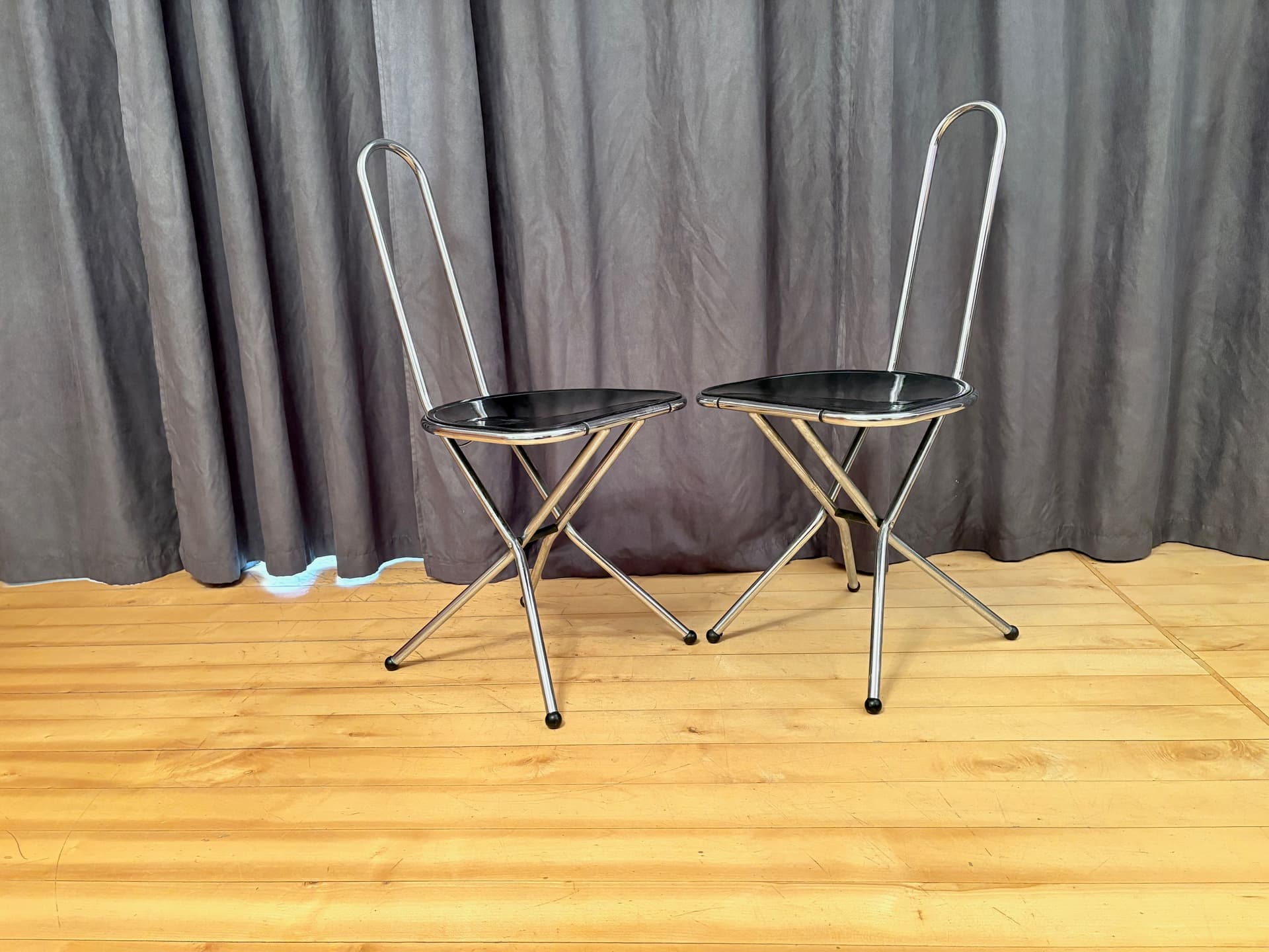 Para krzeseł składanych, czarny, metal chrom, proj. N. Gammelgaard, Ikea, Szwecja, lata 80. - 179043