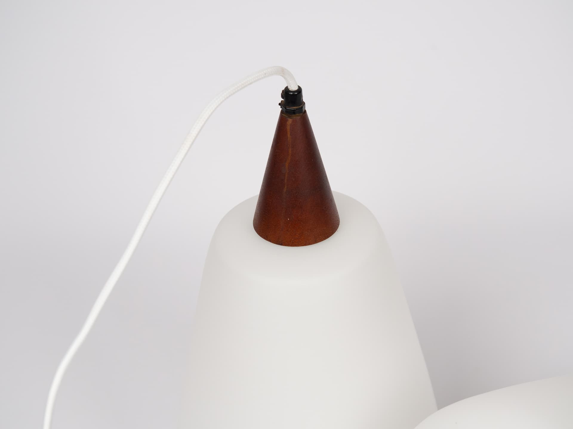Pair of pendant lamps, opal white glass, teak, Denmark, 1980s. - 179100