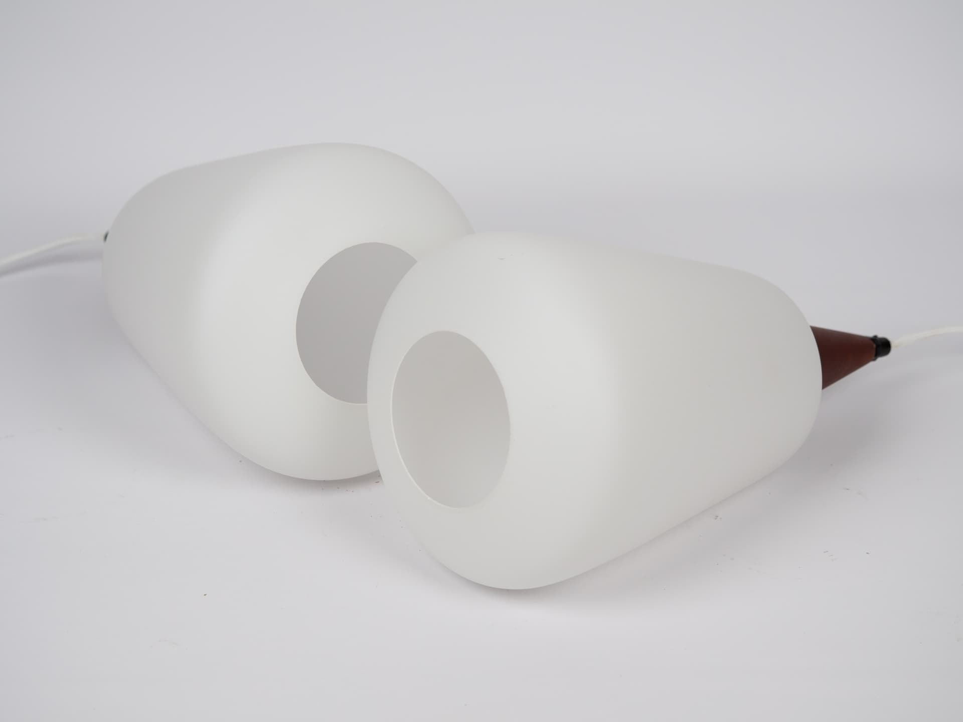 Pair of pendant lamps, opal white glass, teak, Denmark, 1980s. - 179102