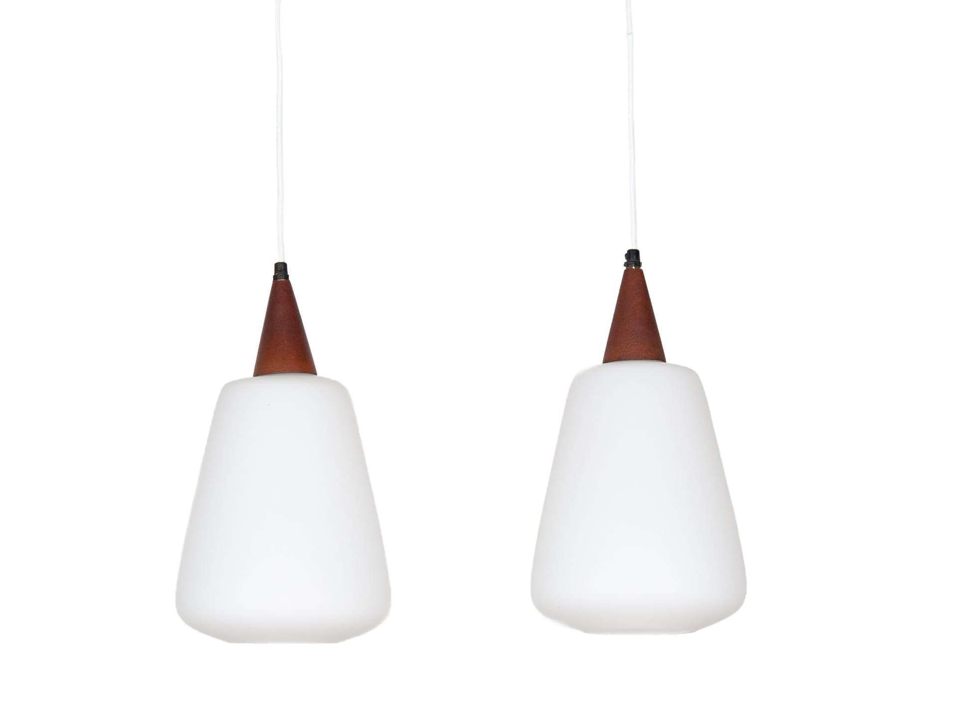 Pair of pendant lamps, opal white glass, teak, Denmark, 1980s.