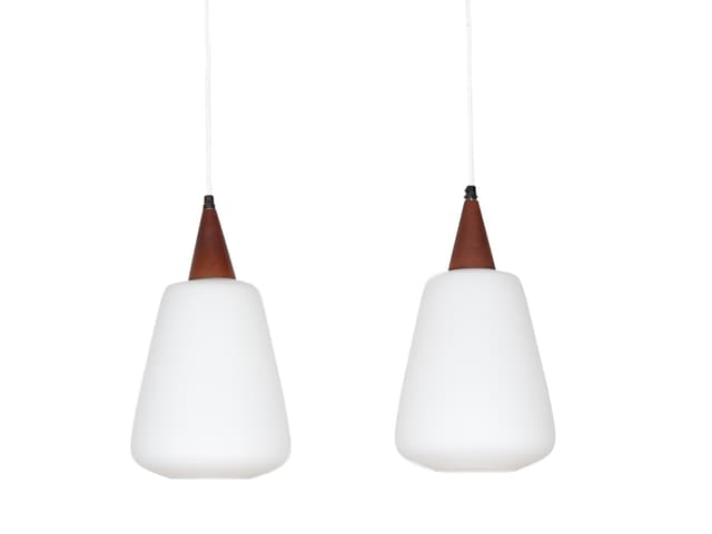 Pair of pendant lamps, opal white glass, teak, Denmark, 1980s. - DIMENSION