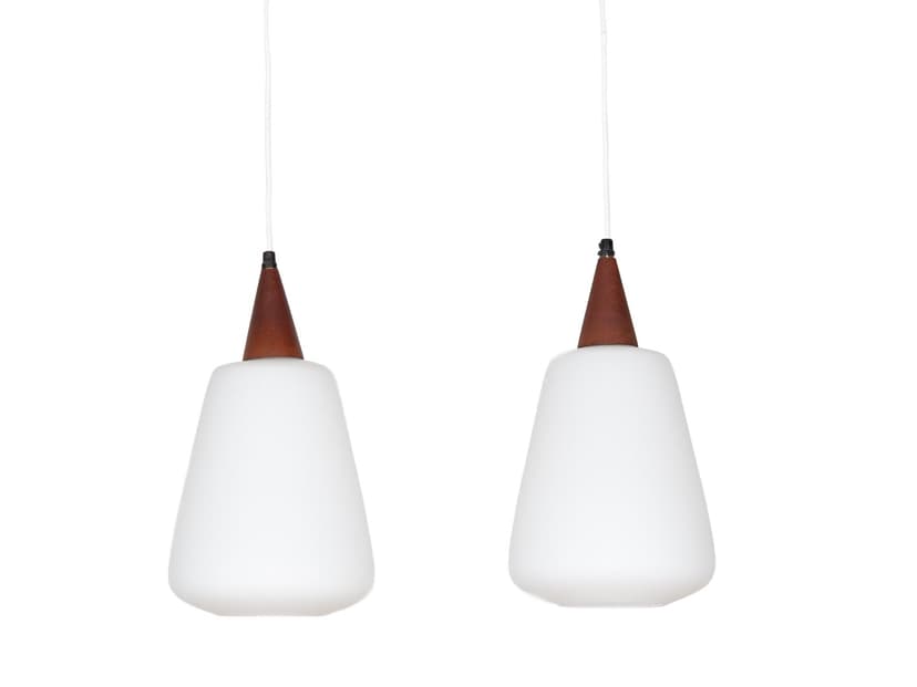Pair of pendant lamps, opal white glass, teak, Denmark, 1980s.