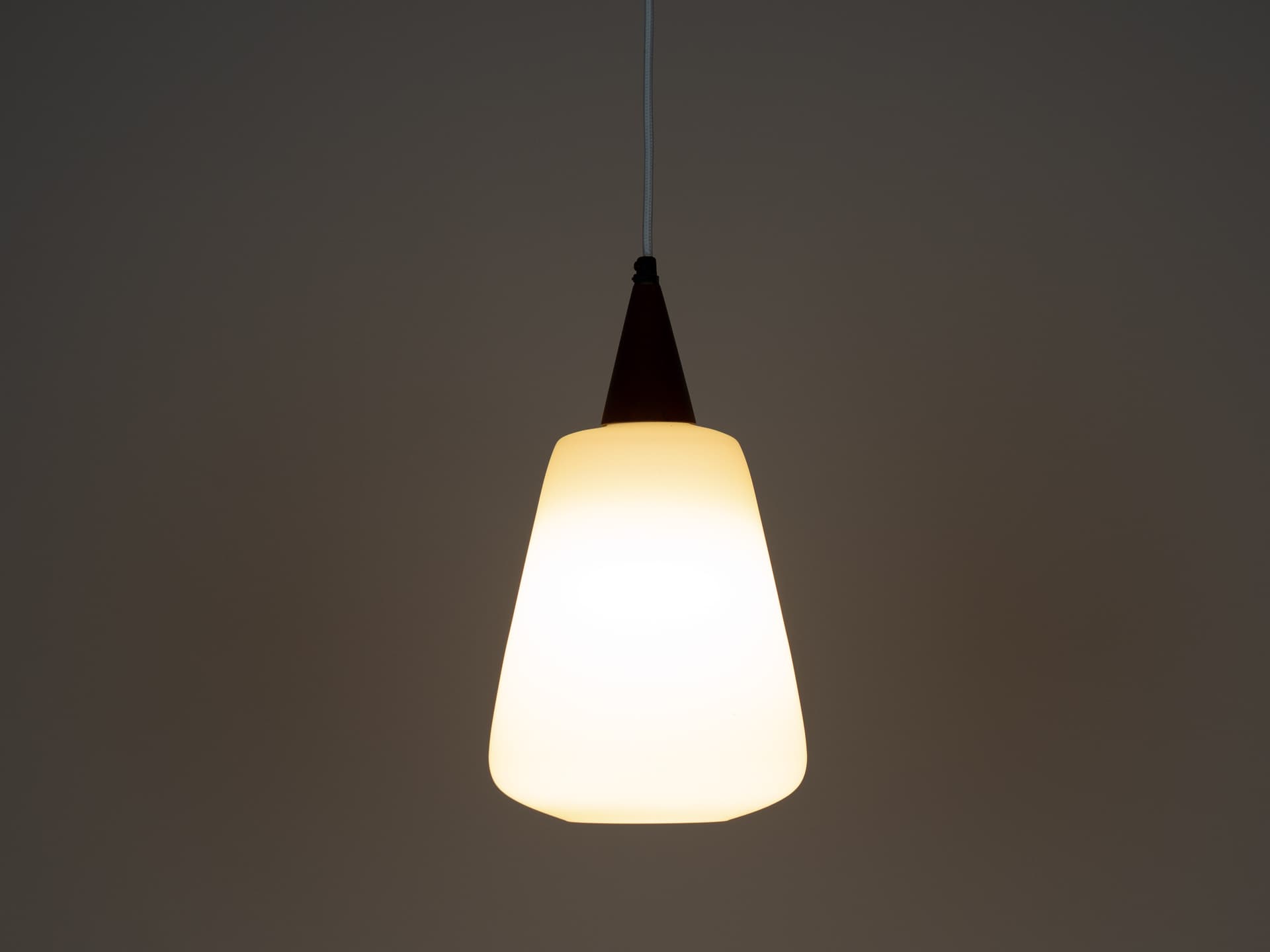 Pair of pendant lamps, opal white glass, teak, Denmark, 1980s. - 179098