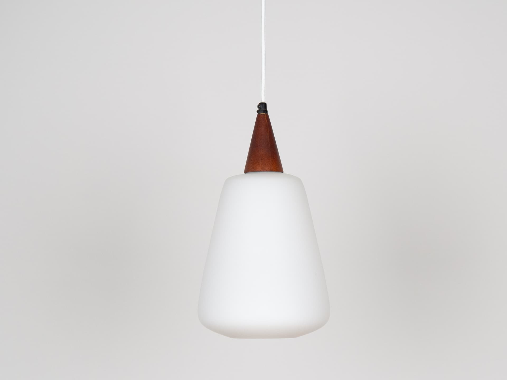 Pair of pendant lamps, opal white glass, teak, Denmark, 1980s. - 179097