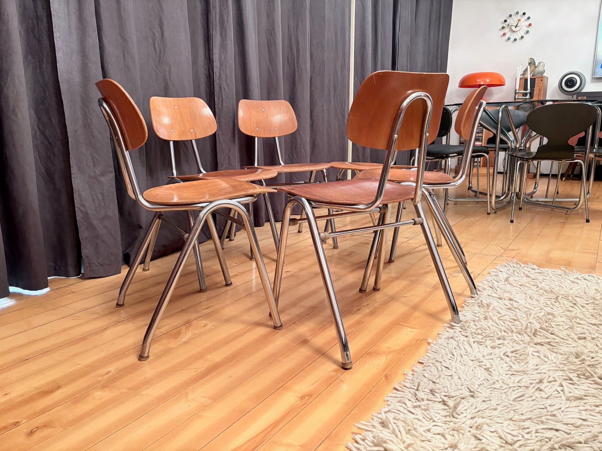 Komplet sześciu krzeseł KN-38, sklejka jasny brąz, stal chromowana, proj. K. Nothhelfer, Niemcy, lata 60. - 179129
