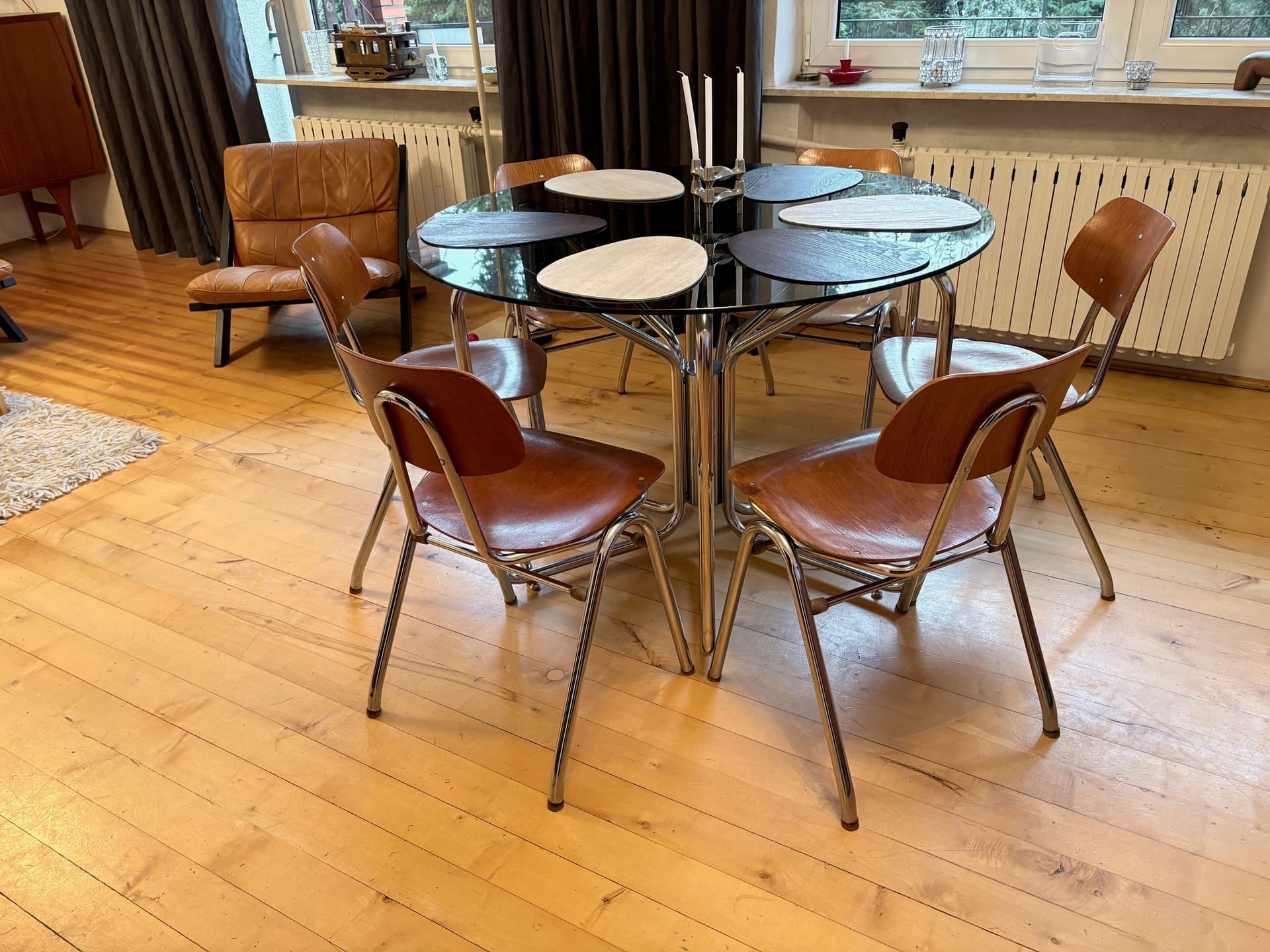 Komplet sześciu krzeseł KN-38, sklejka jasny brąz, stal chromowana, proj. K. Nothhelfer, Niemcy, lata 60. - 179137