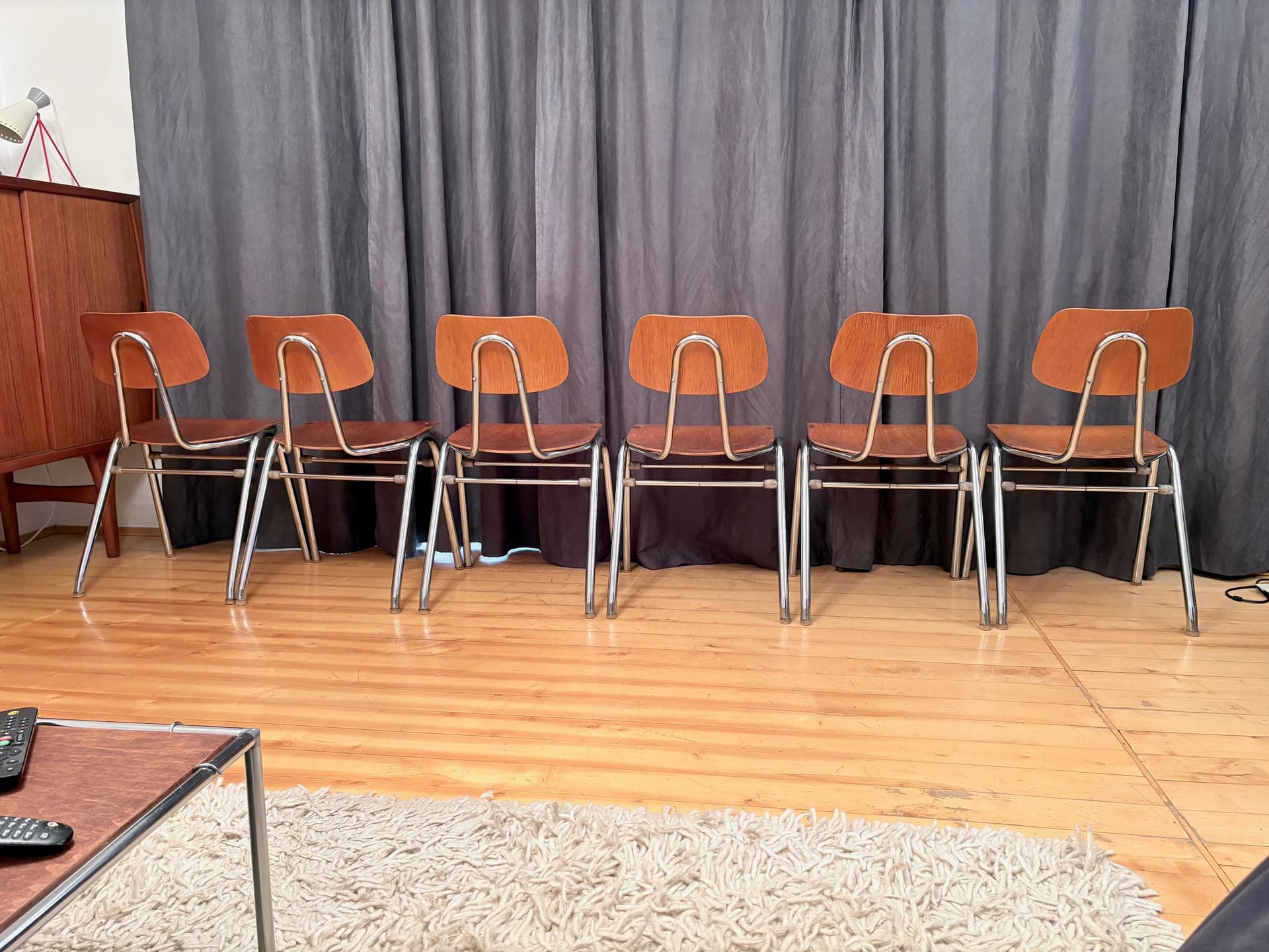 Komplet sześciu krzeseł KN-38, sklejka jasny brąz, stal chromowana, proj. K. Nothhelfer, Niemcy, lata 60. - 179128