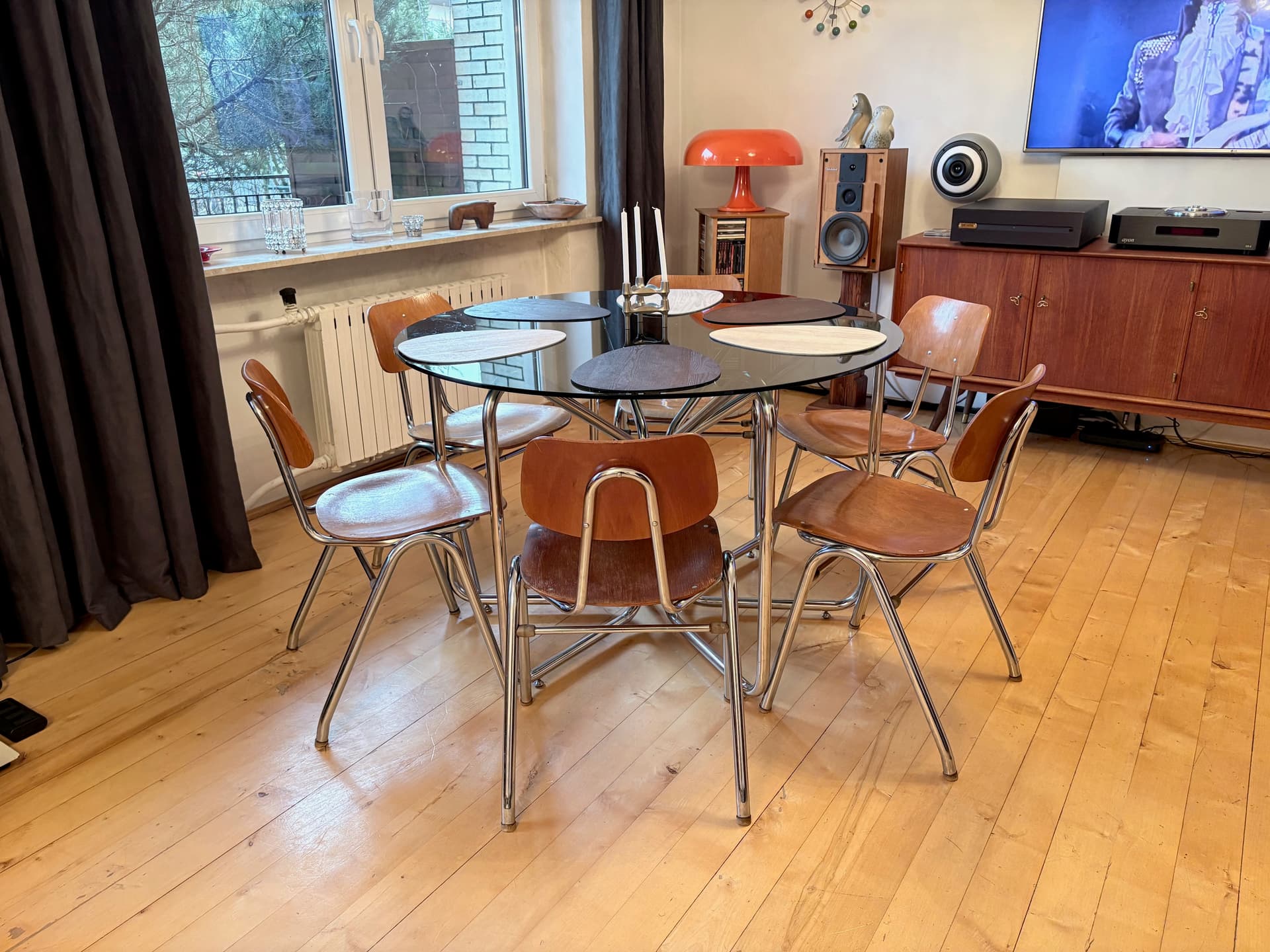 Komplet sześciu krzeseł KN-38, sklejka jasny brąz, stal chromowana, proj. K. Nothhelfer, Niemcy, lata 60. - 179135