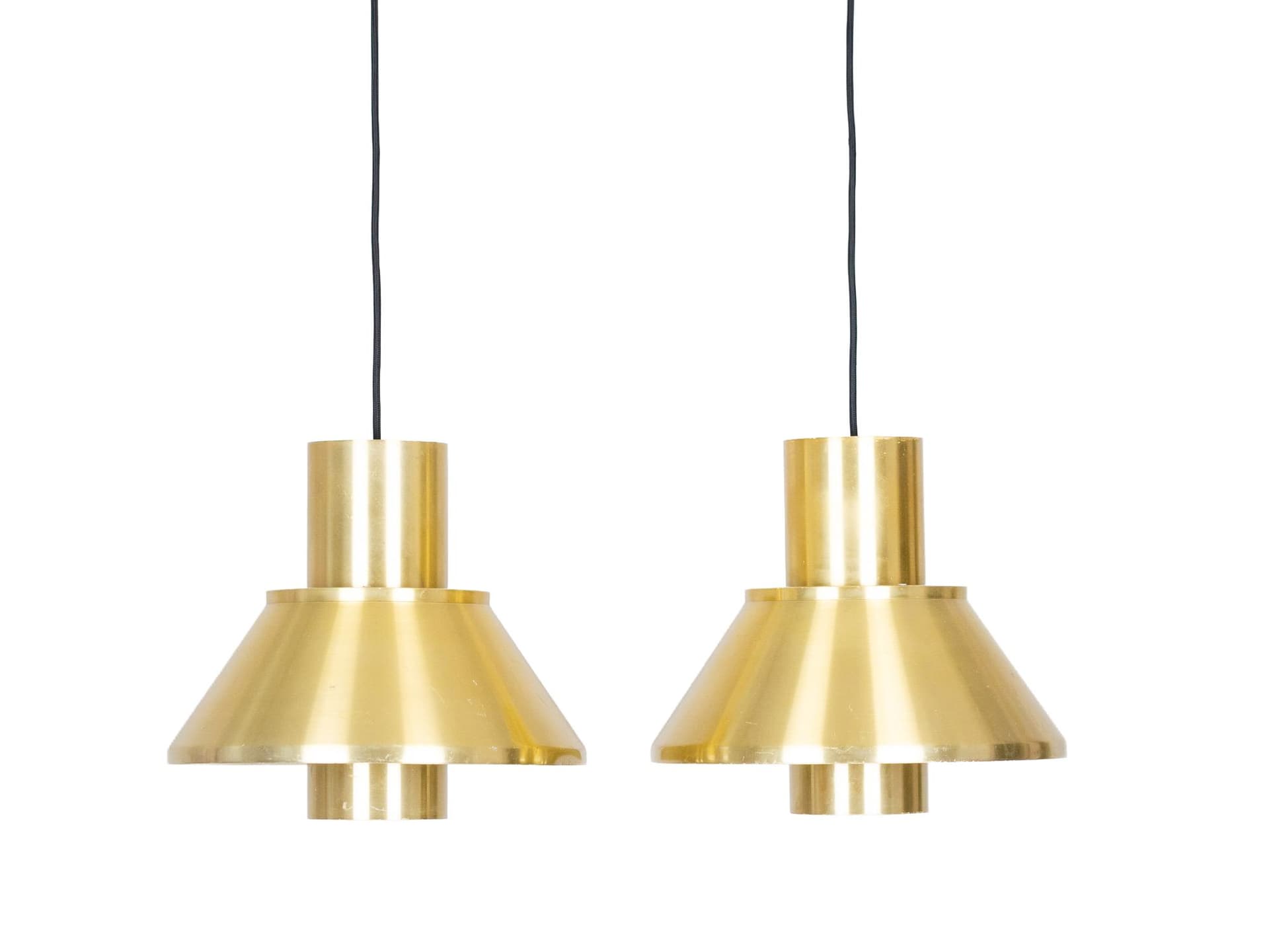 Pair of pendant lamps Ultra, golden brass, by J. Hammerborg, Fog & Mørup, Denmark, 1960s.