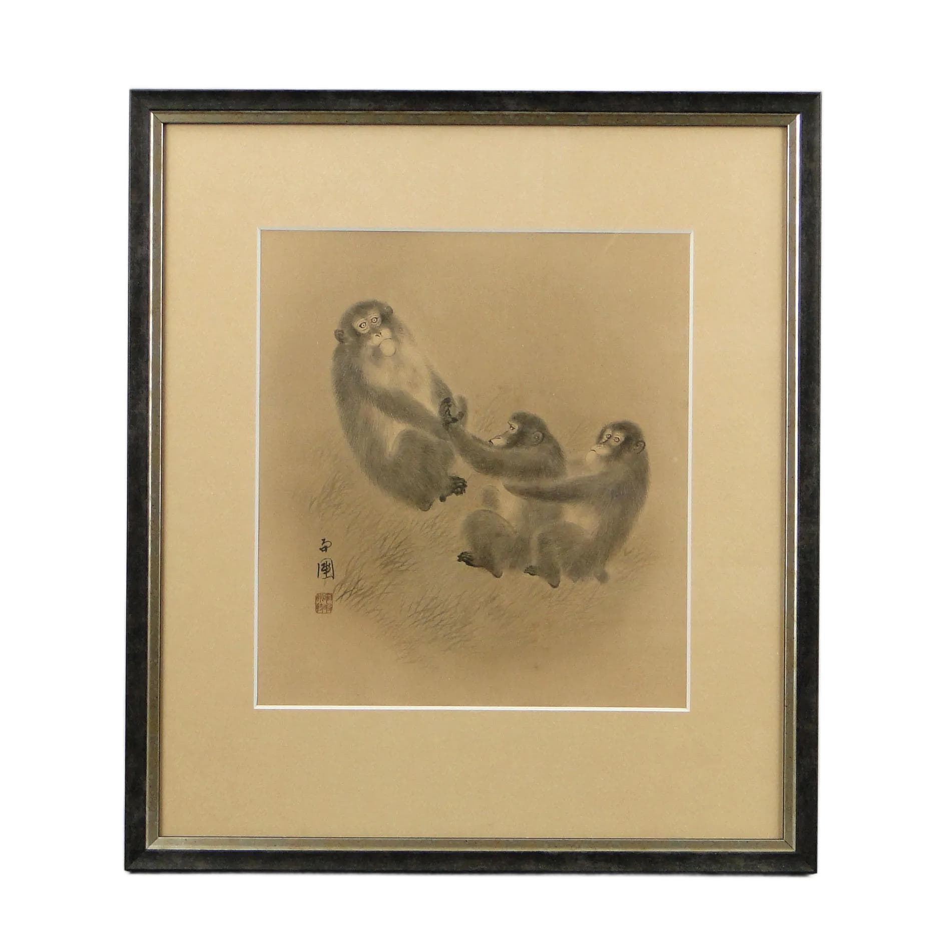 Akwarela, scena z małpkami, beżowy, papier, Japonia, początek XX w.