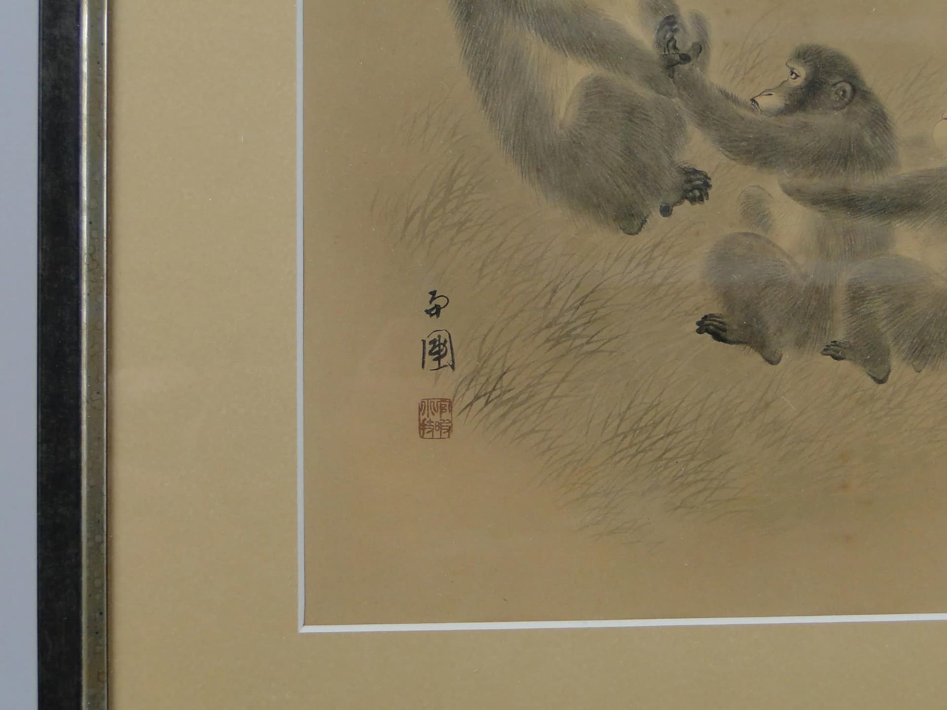 Akwarela, scena z małpkami, beżowy, papier, Japonia, początek XX w. - 12507