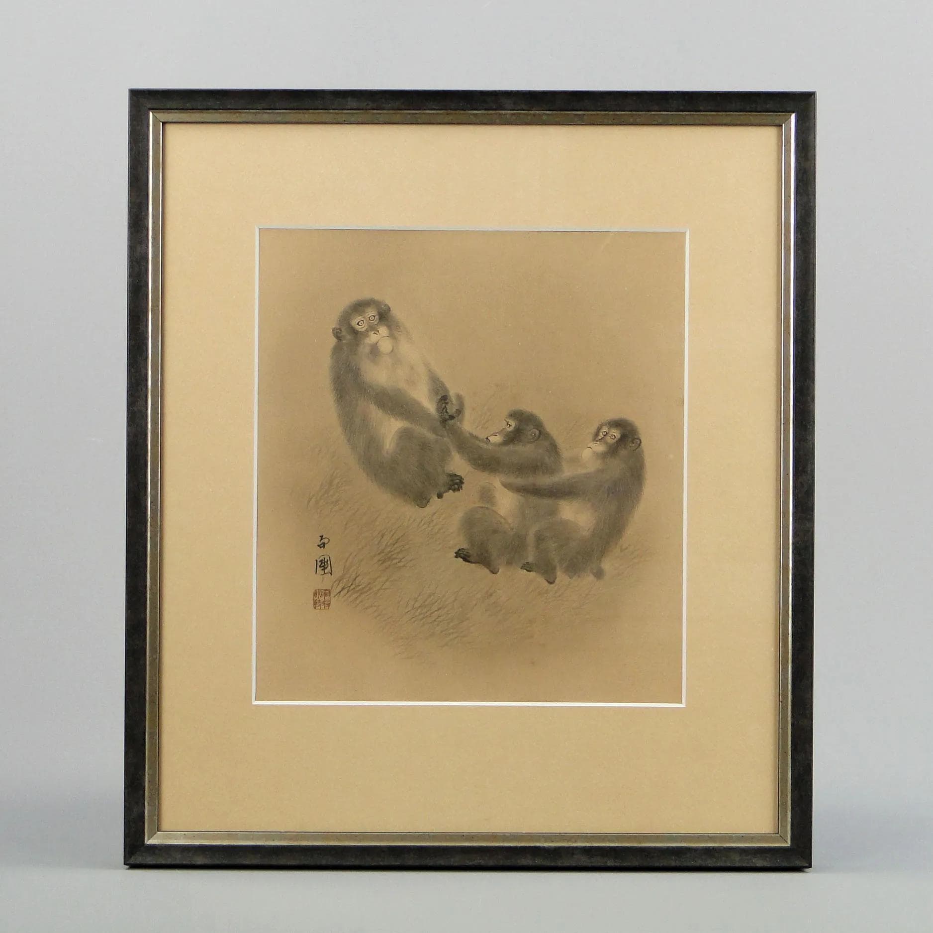 Akwarela, scena z małpkami, beżowy, papier, Japonia, początek XX w. - 12505