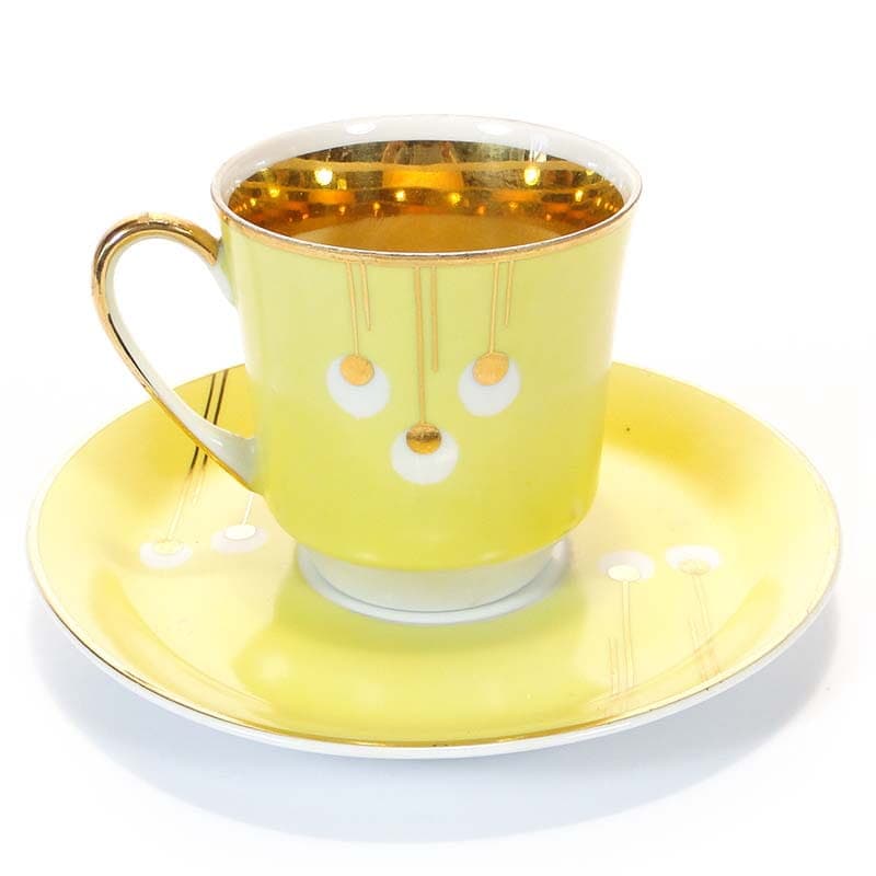 Filiżanka i spodek June, pawie oka, porcelana żółta, proj. W. Potacki, Ćmielów, Polska, lata 60. - 179721