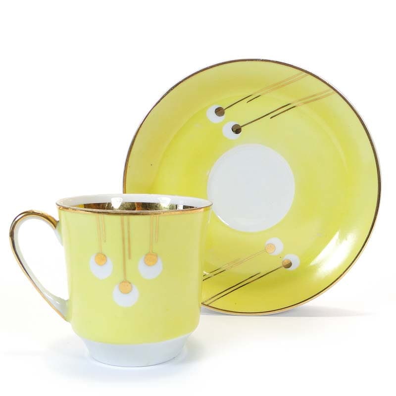 Filiżanka i spodek June, pawie oka, porcelana żółta, proj. W. Potacki, Ćmielów, Polska, lata 60.