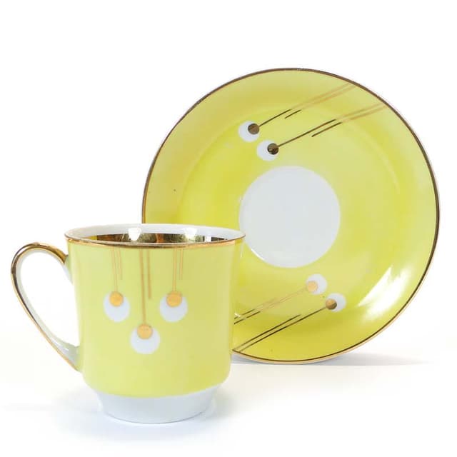 Filiżanka i spodek June, pawie oka, porcelana żółta, proj. W. Potacki, Ćmielów, Polska, lata 60. - WYMIARY