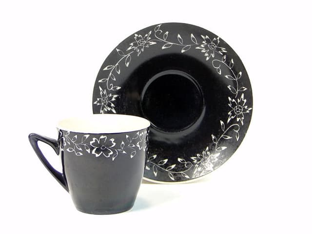 Filiżanka ze spodkiem, czarna porcelana, Chodzież, Polska, lata 70. - WYMIARY