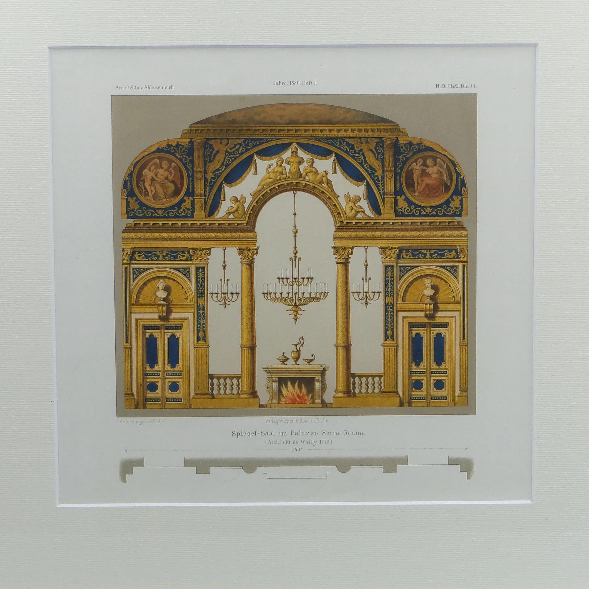 Grafika architektoniczna neoklasycystyczna, złoty, papier, Niemcy, XIX w. - 12466