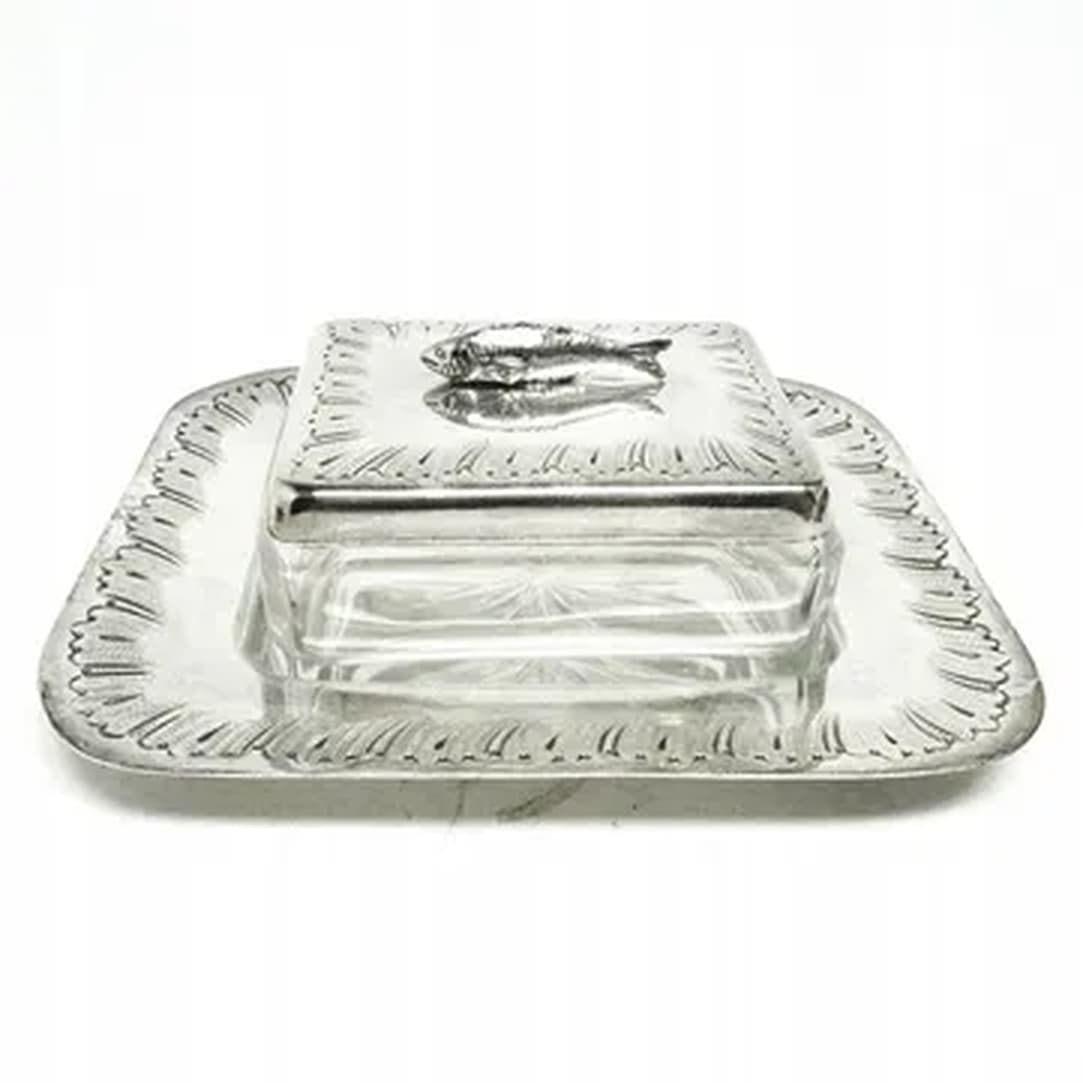 Art Deco sardine container, silver-plated brass, crystal, Belgium, 1930s.