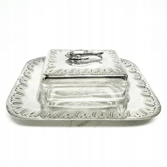 Art Deco sardine container, silver-plated brass, crystal, Belgium, 1930s. - DIMENSION