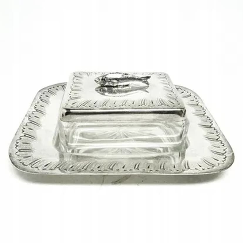 Pojemnik na sardynki Art Déco, mosiądz srebrzony, kryształ, Belgia, lata 30.