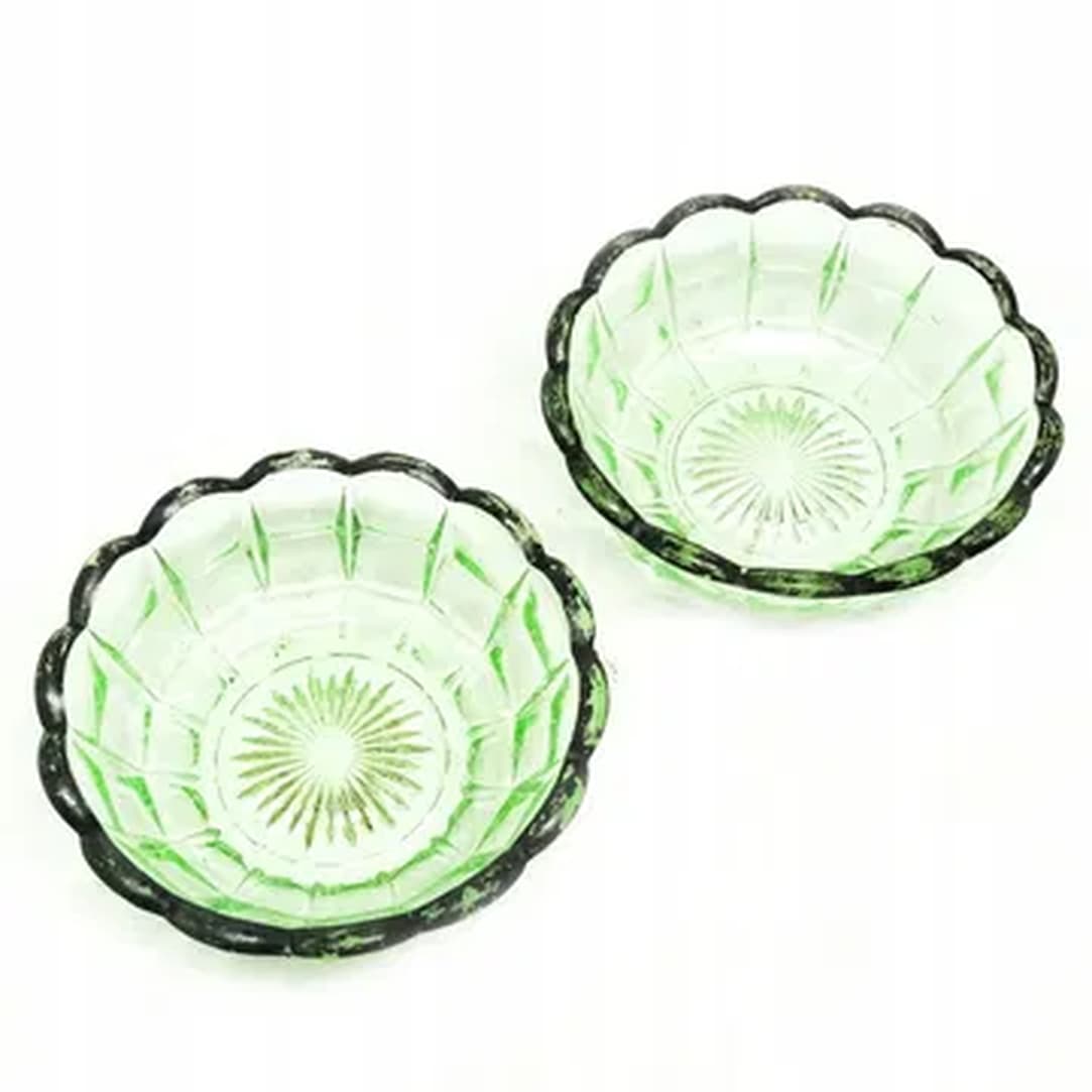 Para miseczek deserowych Art Deco, szkło uranowe, Huta Niemen, Polska, lata 30. - 180616