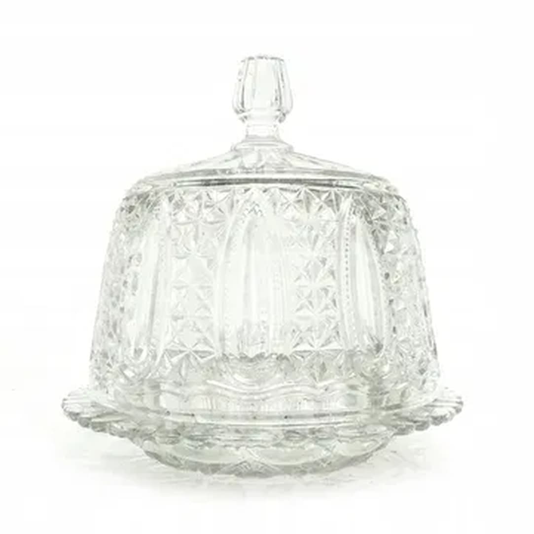 Cake container with dome, Art Deco, pressed glass, Val Saint Lambert, Belgium, 1950s.