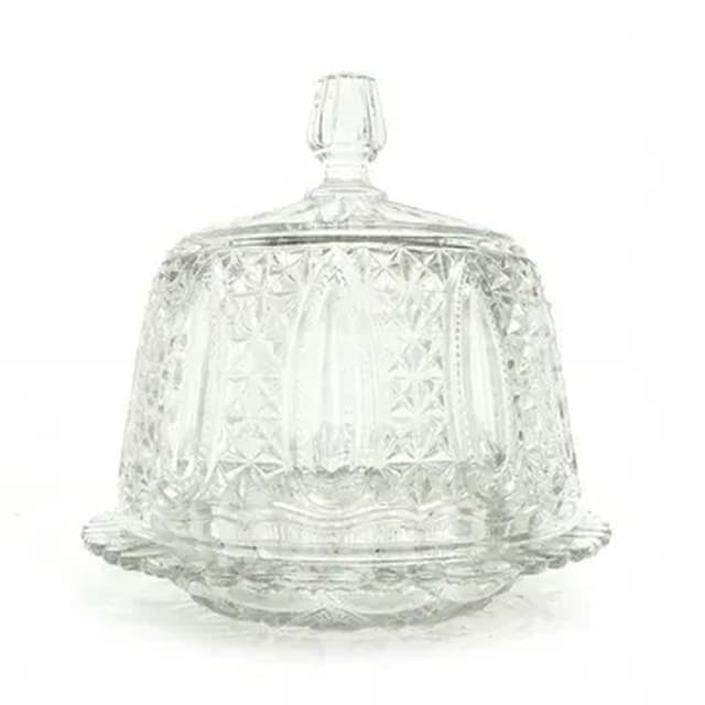 Cake container with dome, Art Deco, pressed glass, Val Saint Lambert, Belgium, 1950s. - DIMENSION