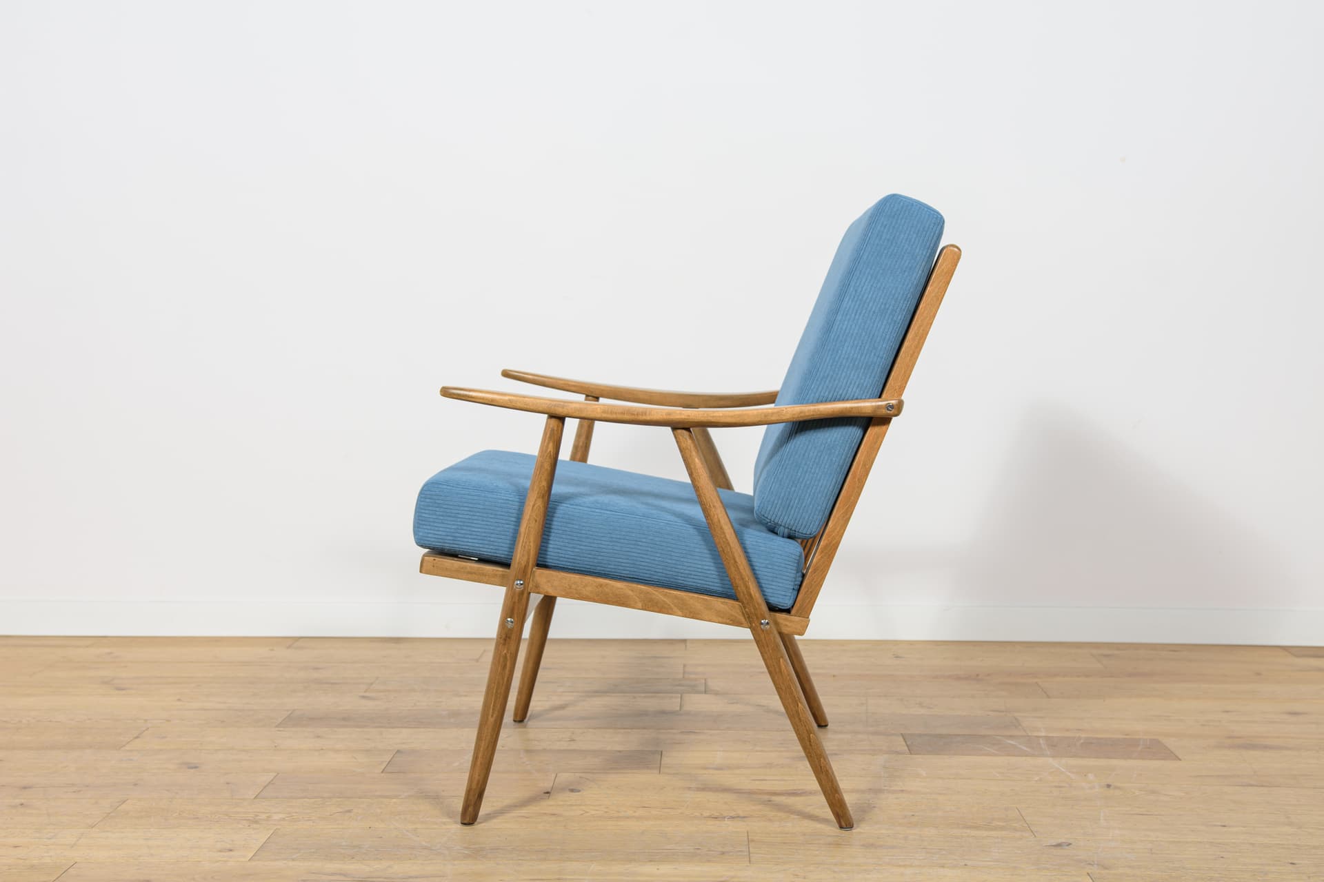 Para foteli, beech orzech, tapicerka niebieska, TON, Czechosłowacja, lata 60. - 181342