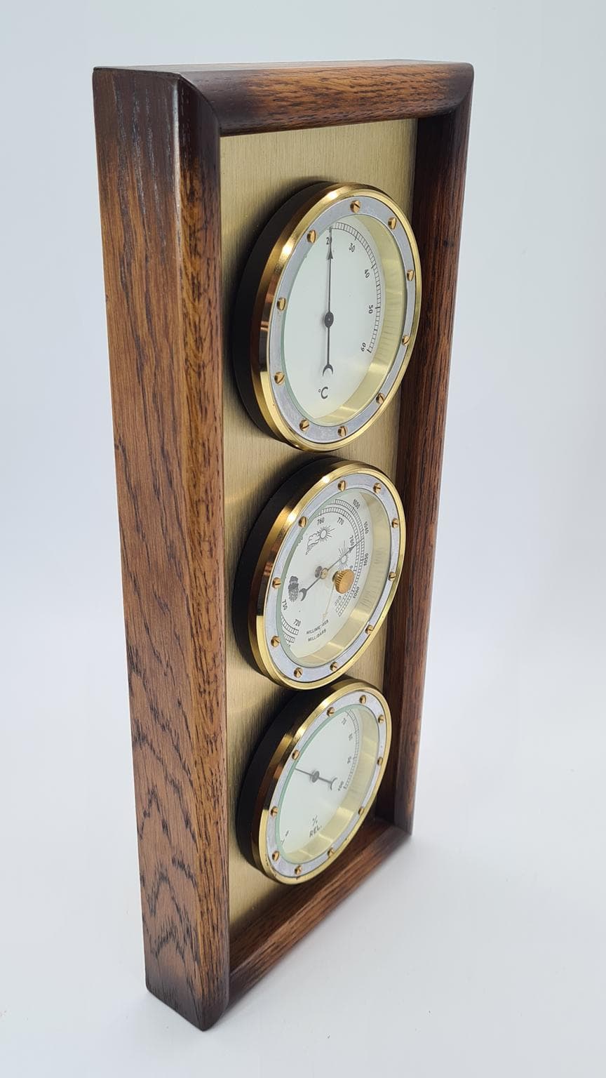 Stacja pogodowa, brązowy ciemny, drewno mosiądz, Holandia, lata 70. - 182001