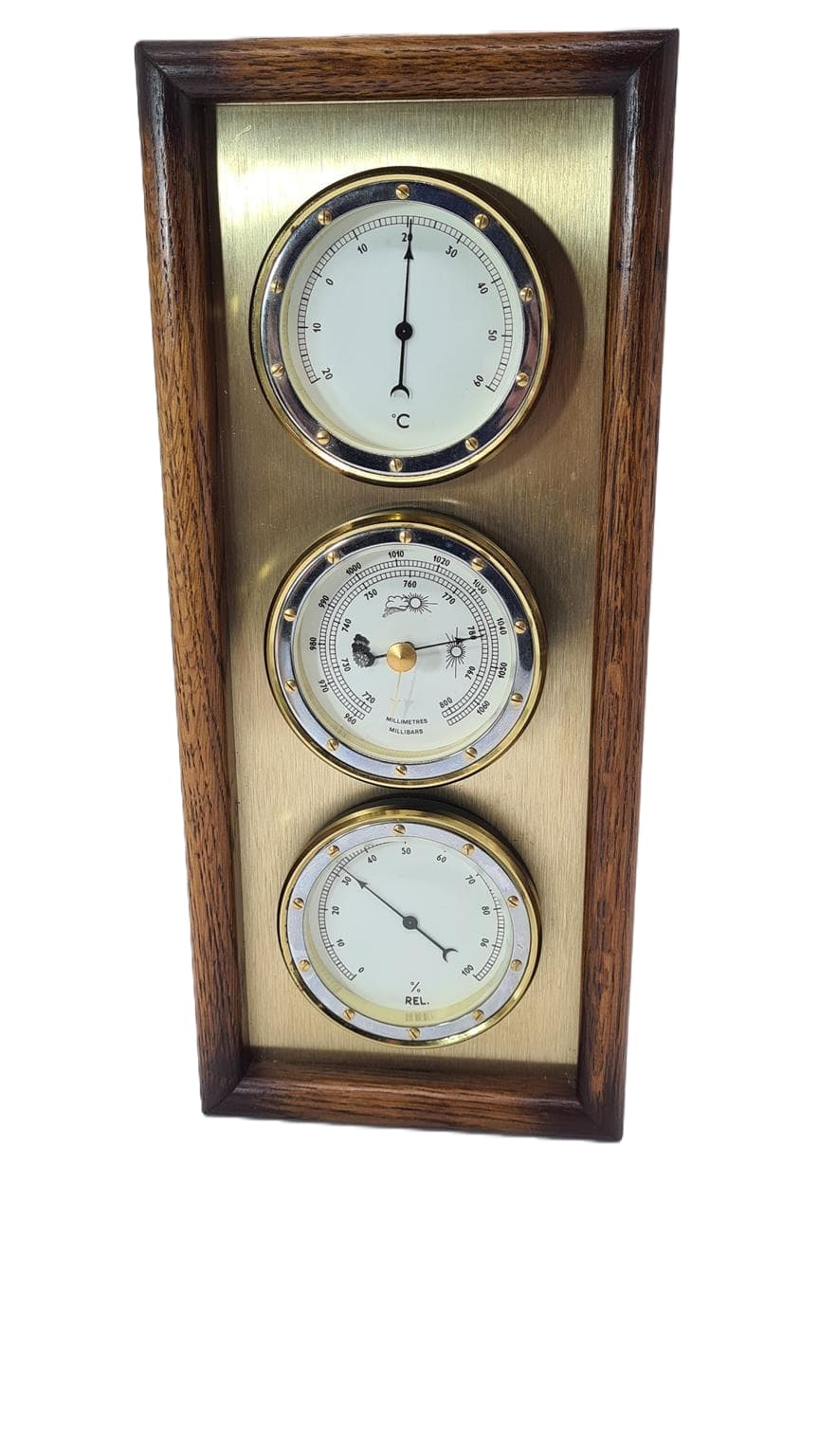 Stacja pogodowa, brązowy ciemny, drewno mosiądz, Holandia, lata 70.