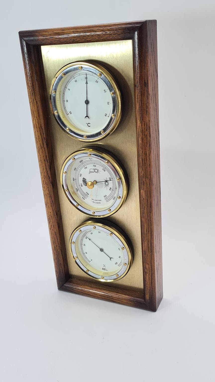 Stacja pogodowa, brązowy ciemny, drewno mosiądz, Holandia, lata 70. - 181993