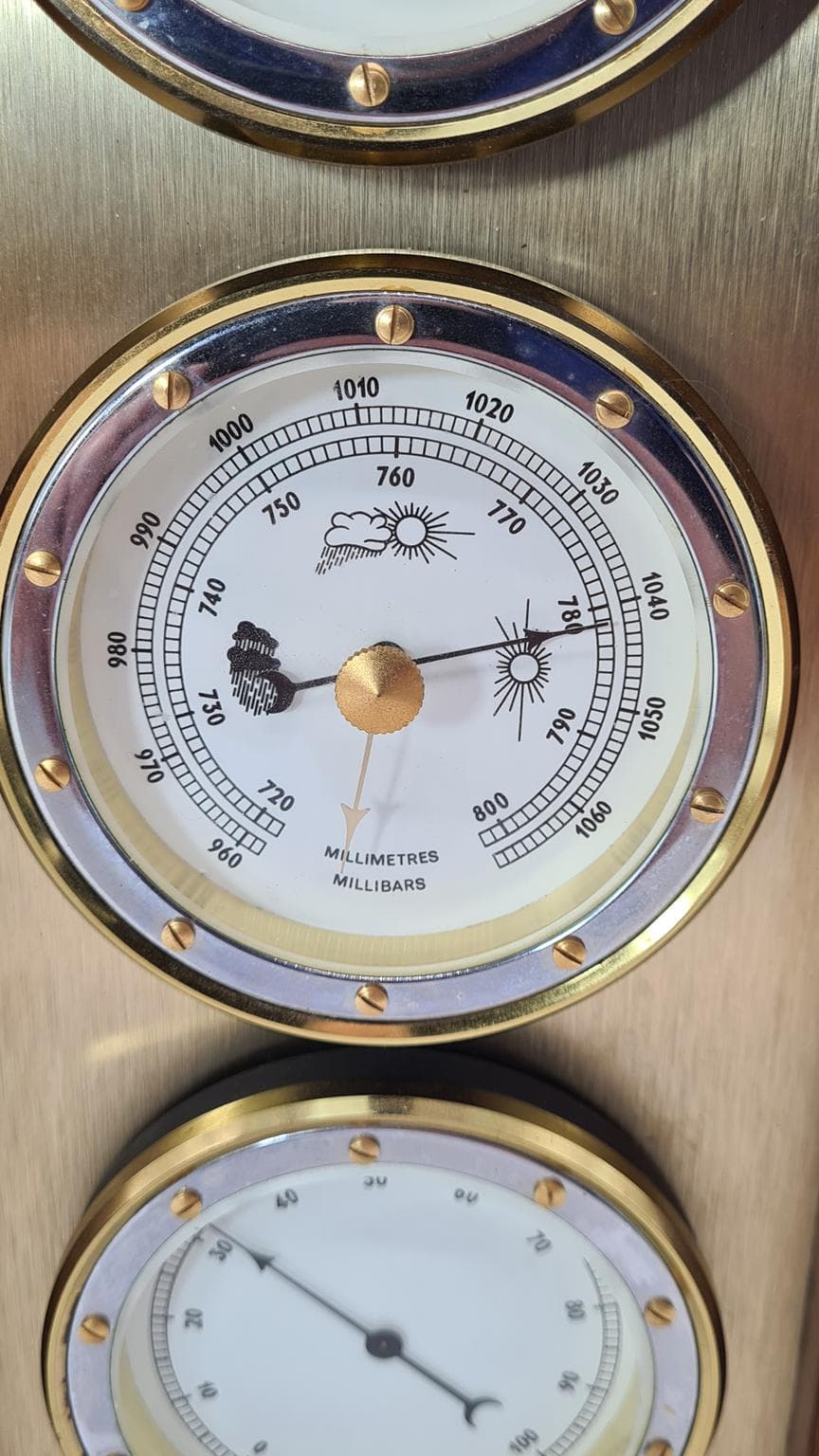 Stacja pogodowa, brązowy ciemny, drewno mosiądz, Holandia, lata 70. - 181996