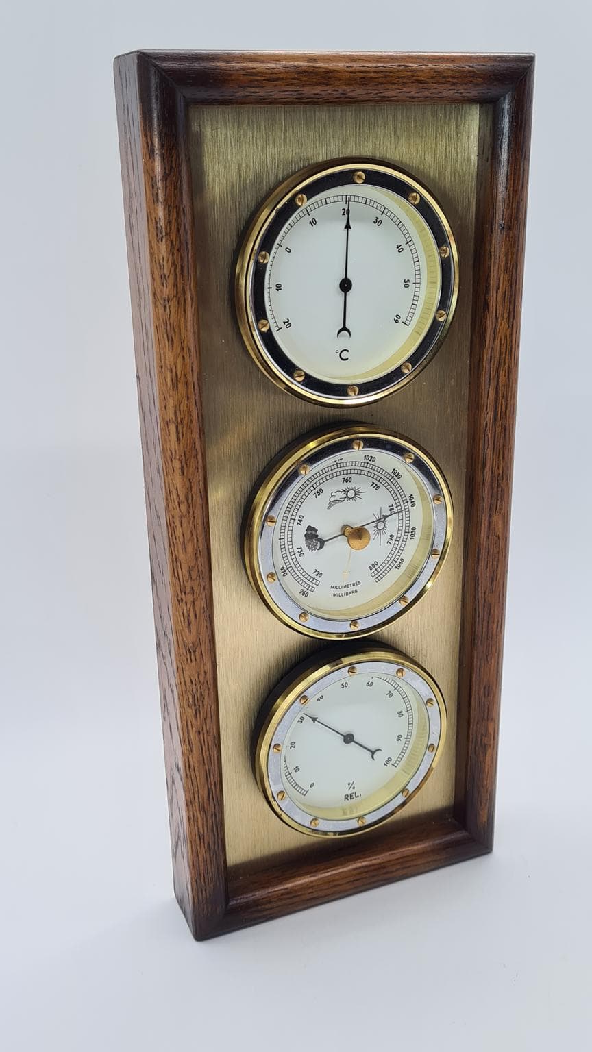 Stacja pogodowa, brązowy ciemny, drewno mosiądz, Holandia, lata 70. - 181994