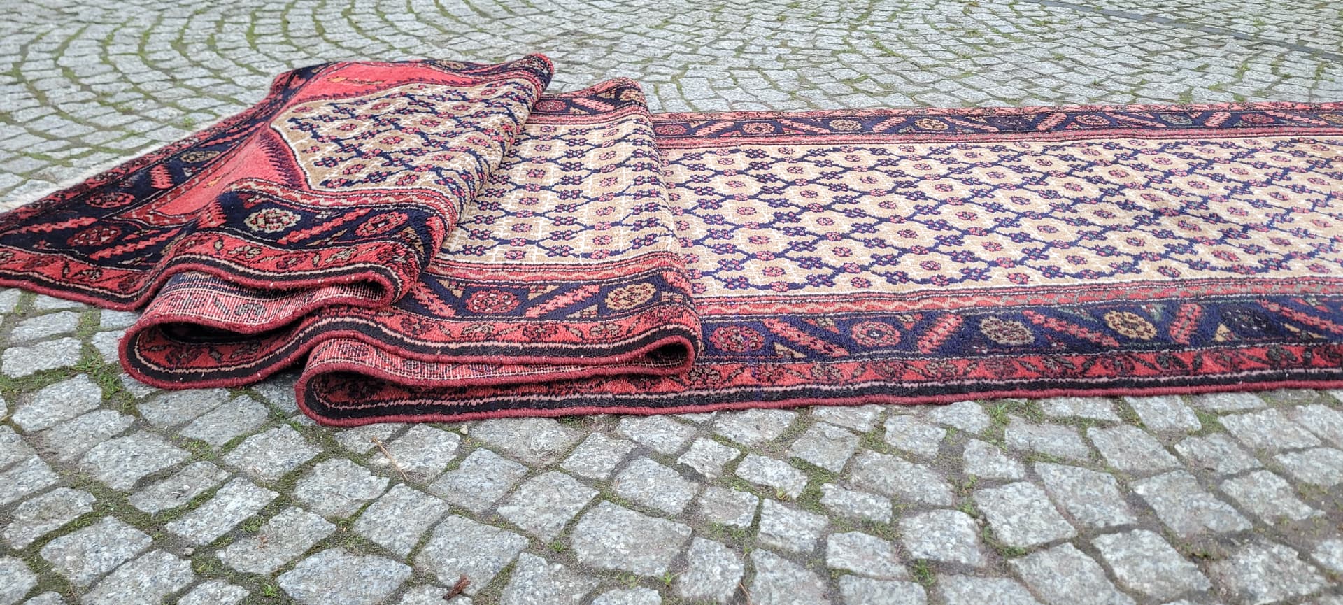 Chodnik Hamadan 397x94 cm, kość słoniowa, wełna, Iran, lata 20. - 182281