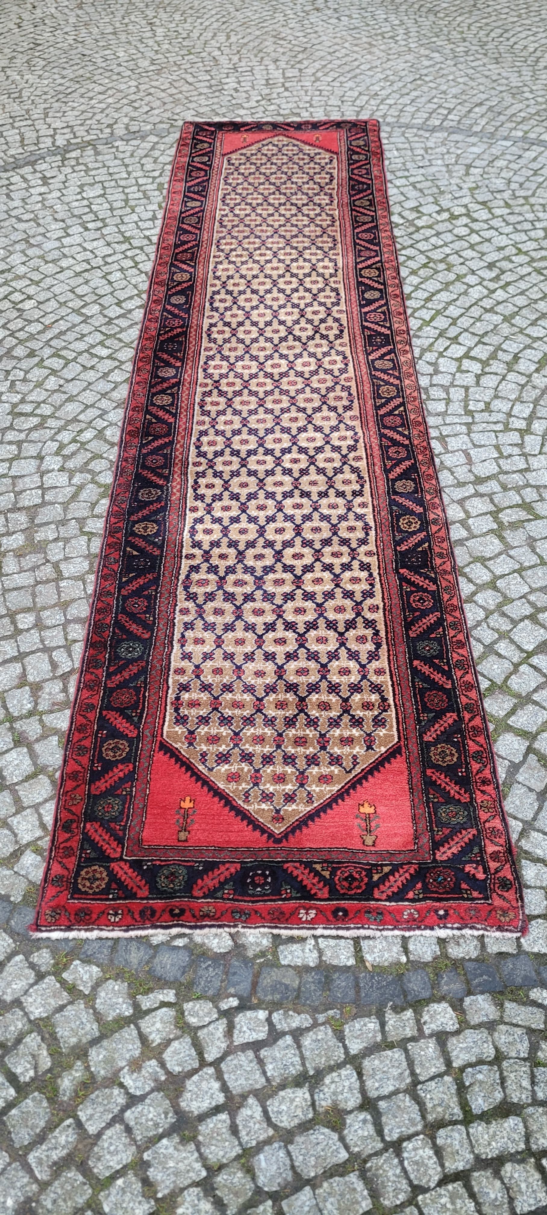 Chodnik Hamadan 397x94 cm, kość słoniowa, wełna, Iran, lata 20. - 182275