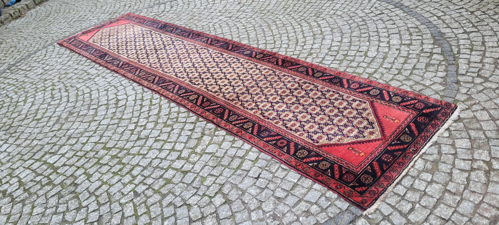 Chodnik Hamadan 397x94 cm, kość słoniowa, wełna, Iran, lata 20. - 182277