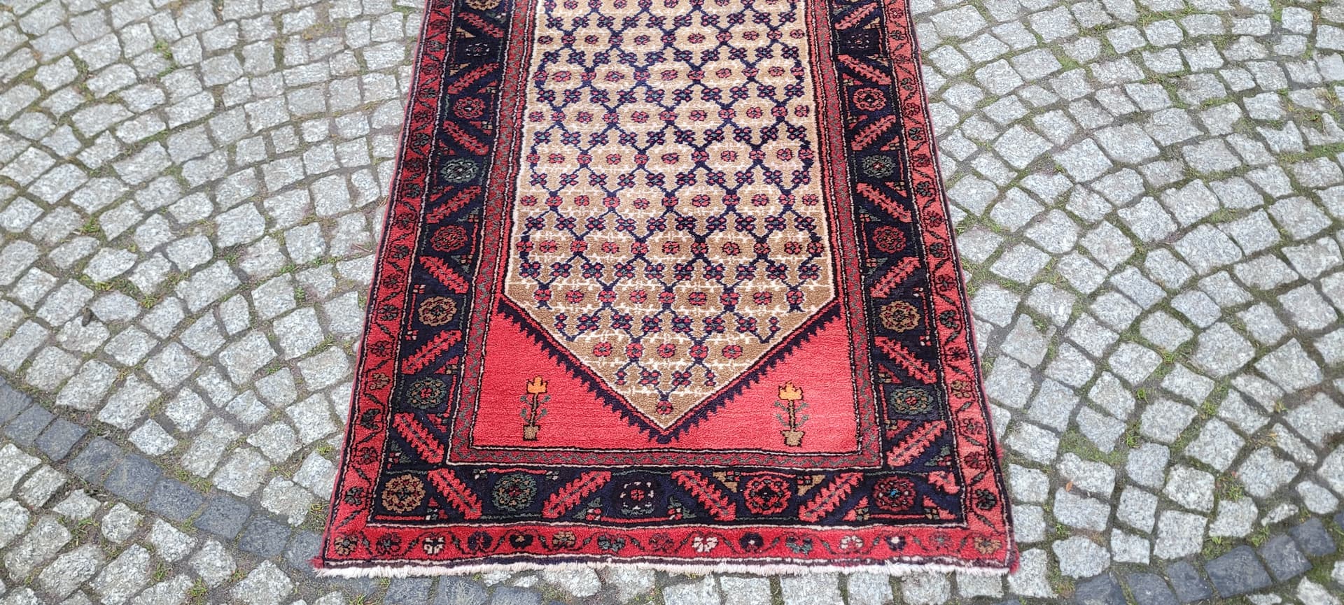 Chodnik Hamadan 397x94 cm, kość słoniowa, wełna, Iran, lata 20. - 182282