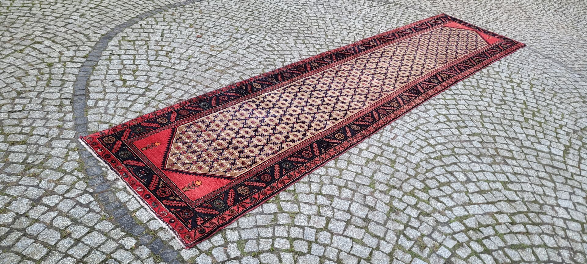 Chodnik Hamadan 397x94 cm, kość słoniowa, wełna, Iran, lata 20. - 182280