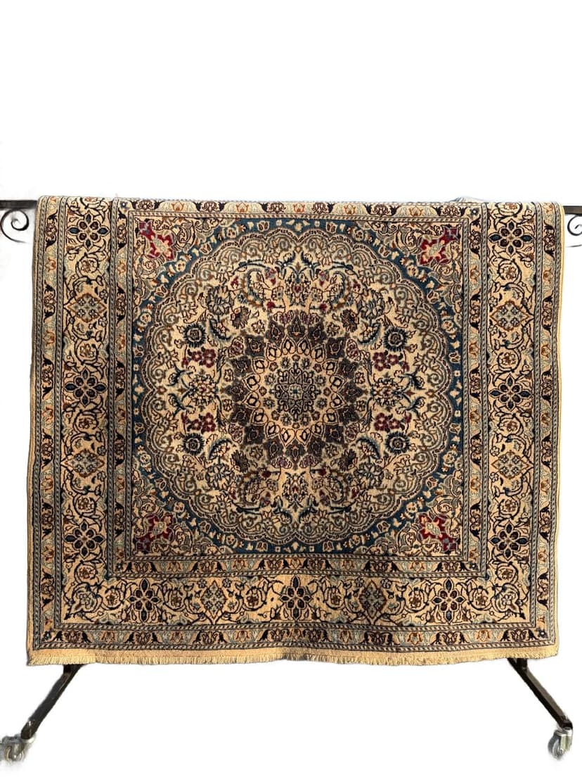 Persian rug Nain 200x200 cm, ivory, wool with silk, Iran