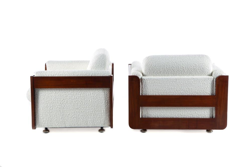 Zestaw wypoczynkowy Drevotar 3 części, biały kość słoniowa brązowy, tkanina bouclé, orzech, lata 70. - 184687